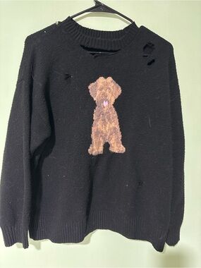 No Boundaries Distressed Teddy Dog Sweater Black Grunge Cozy Knit Size Large